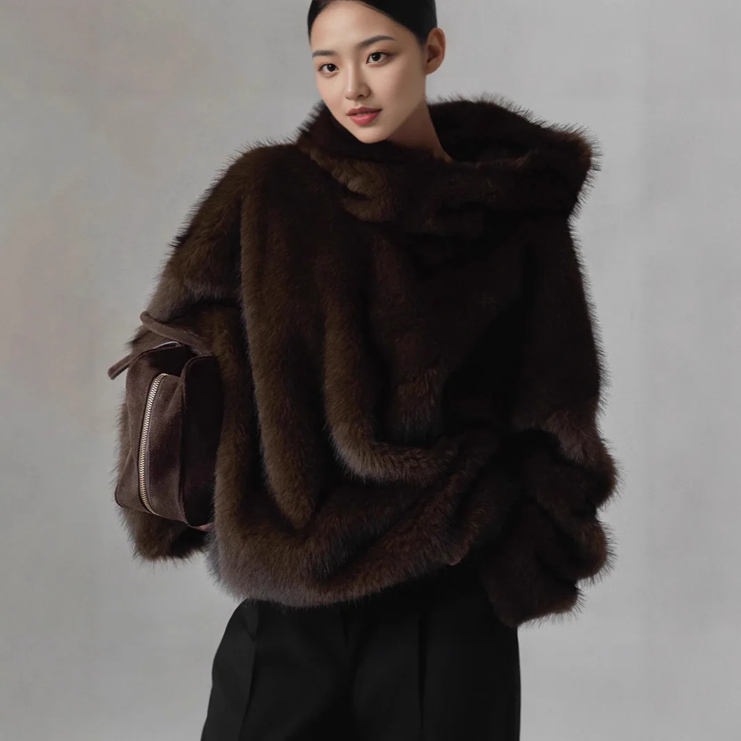 2026 Jaket Bulu Imitasi Wanita Model Fox Coat Berkerudung Pendek Tebal Hangat Y2k Streetwear Jaket Kerja Luaran Musim Gugur Musim Dingin