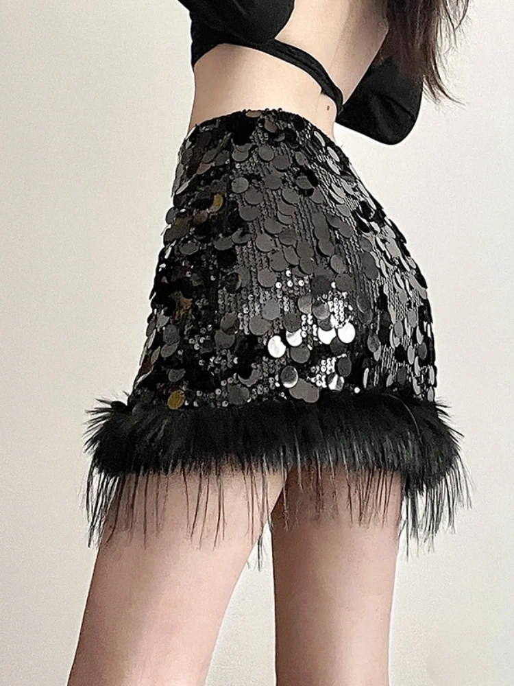 Mini Jupe Trapèze à Paillettes pour Femmes, Vêtements Taille Haute, Slim, Sexy, Streetwear, Plume, Tenues à la Mode, Y2k