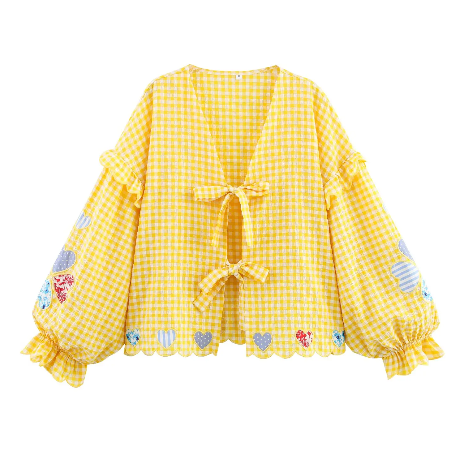 

Spring New Sle Women's irt ZBZA Embroidered Heart Plaid Tie Yellow Red Sweet Sle Loose Fit Long Sve V-Ne Polyester