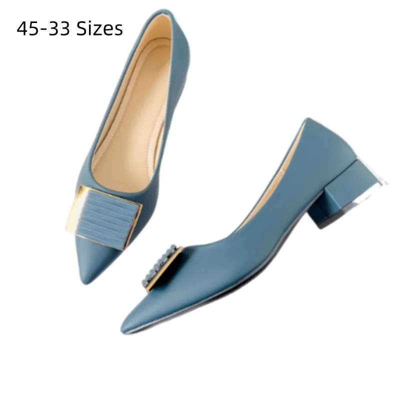

Women Buckle Applique Low Heels Pumps Black Sole Shoes Pointed Tip Soft Leather Top Shop Slip-On Comfortable Plus Sizes 45 33 40