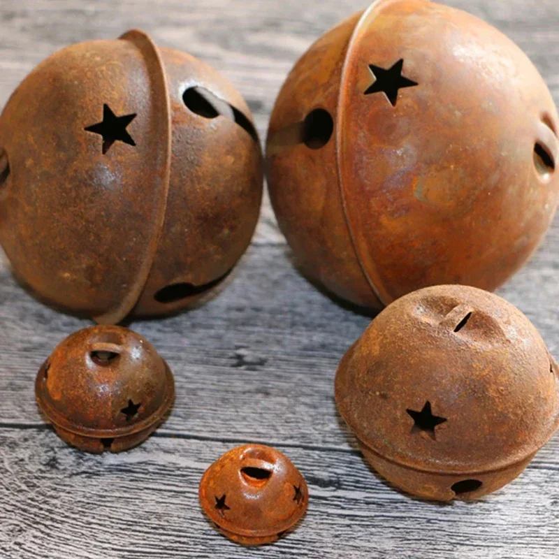 12pcs 40mm Rusty Metal Star Cutout Jingle Bells for Christmas Holiday Craft Decorations Natal Navidad Noel 2023 New Year