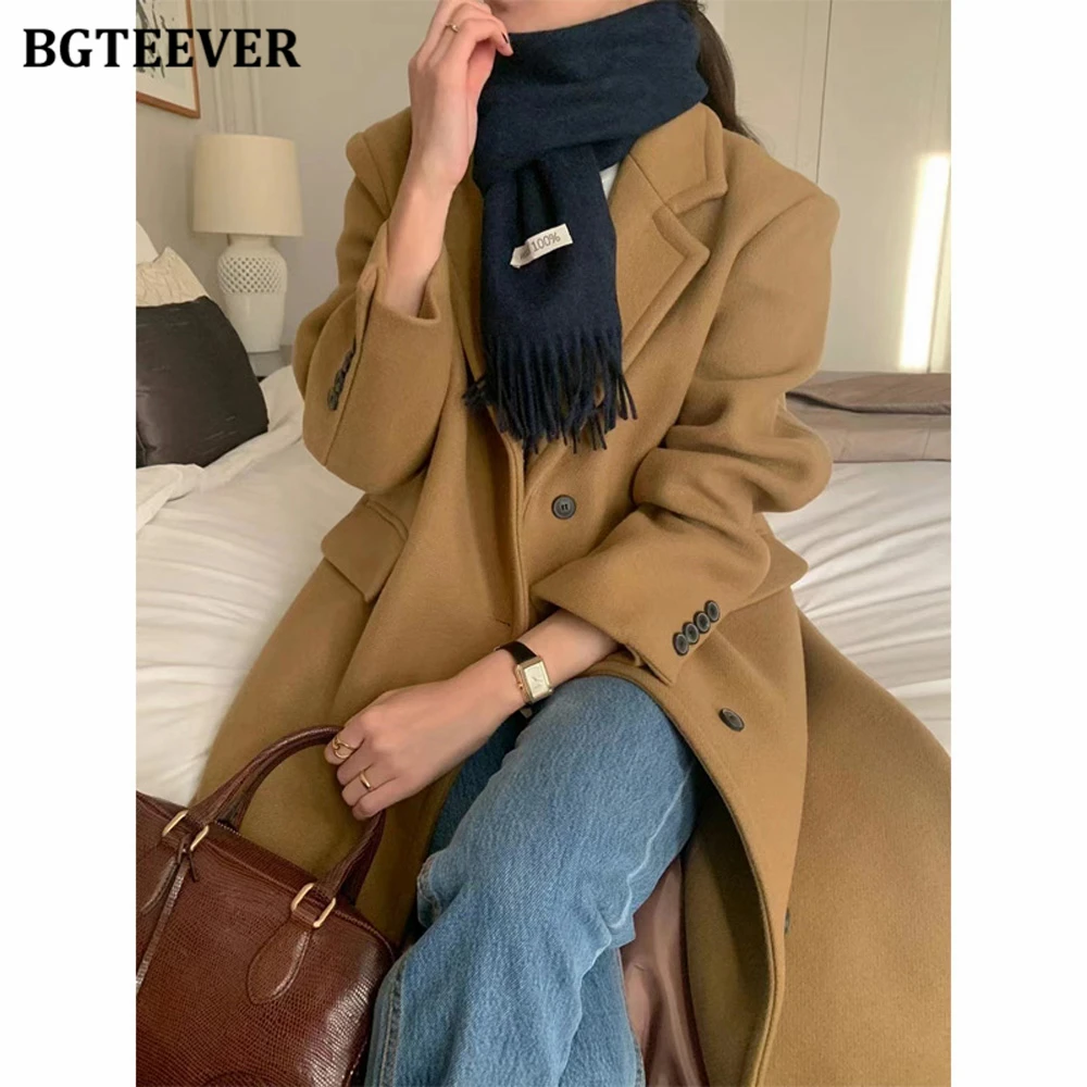 BGTEEVER Winter Long Sleeve Warm Women Woolen Coats Vintage Lapel Single-breasted Ladies Blend Overcoats