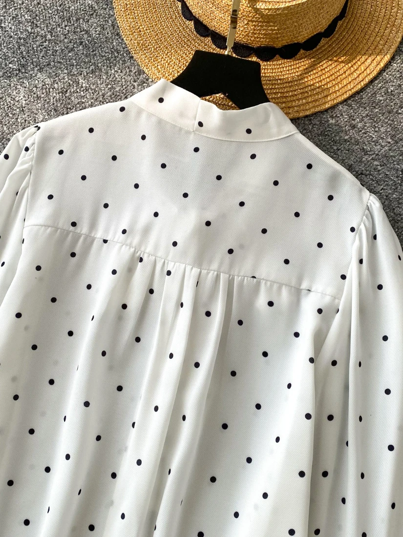 Foamlina Polka Dot Print Shirt Women Vintage Bow-tied Collar Lantern Sleeve Single Breasted Loose Shirt Female Casual Blouse Top
