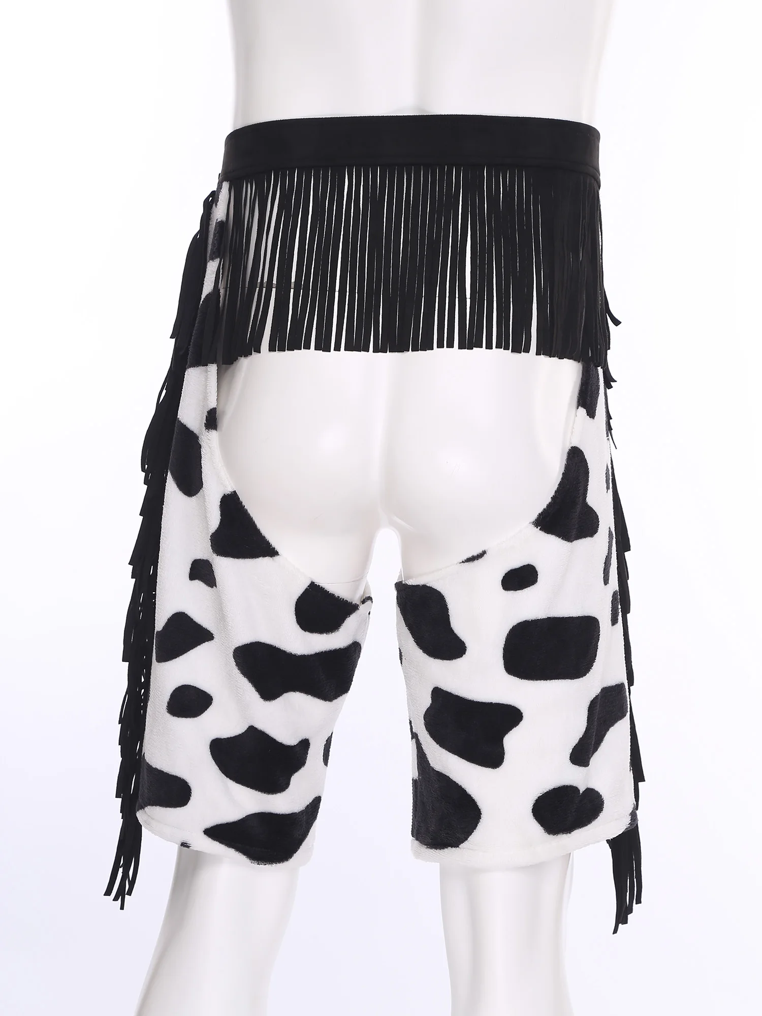Mens Vintage Cowboy Chaps Cowgirls Cosplay Costume Cow Spot Tassel Fringe Print Flannel Pants Crotchless Shorts for Club Party view 6