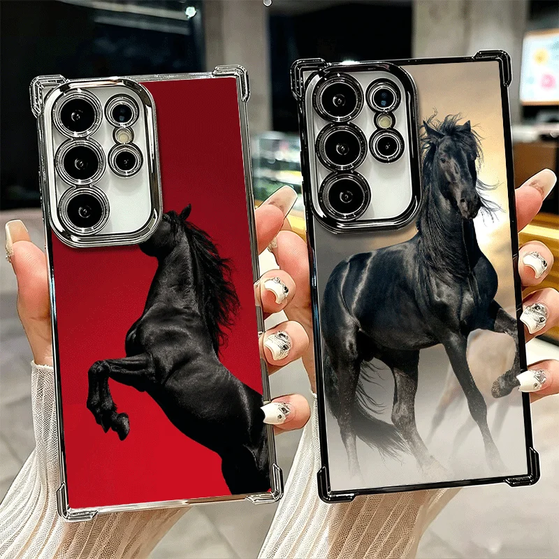 Black Horse Galloping Plating Phone Case For Samsung Galaxy S25 S26 Edge S24 S23 Ultra S22 S21 Plus S20 FE Anti-Fall Protection