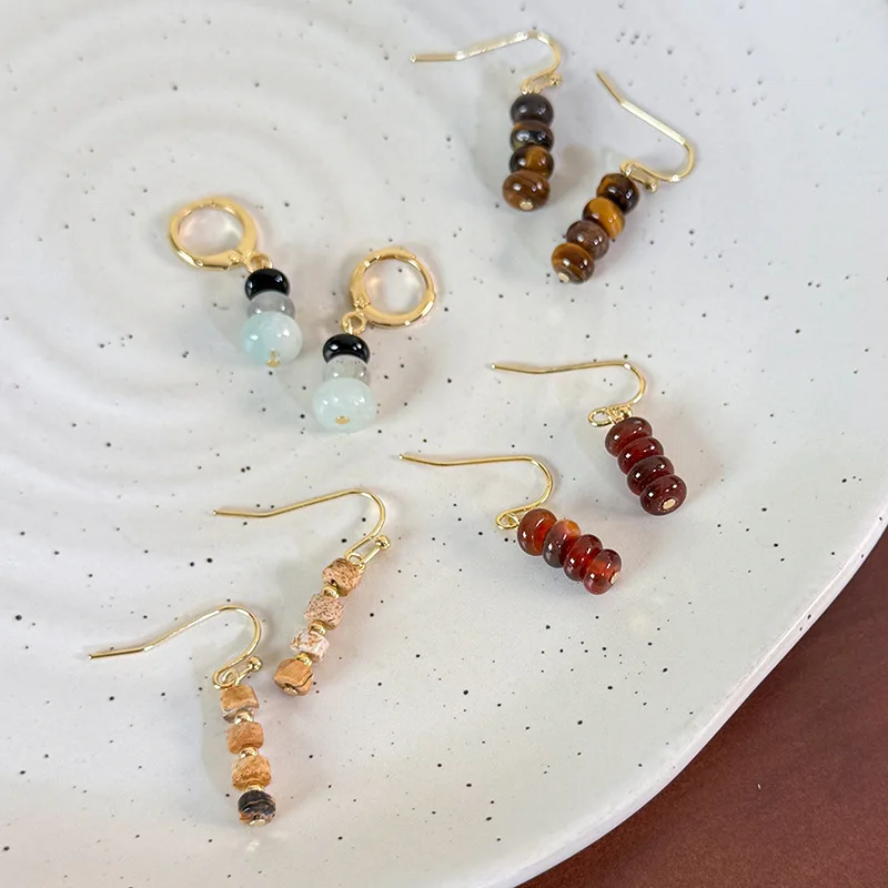 Stud Earrings Tiger Eye Beaded Modern Chinese Style Minimalist Elegant   Golden Brown Versatile Daily Commute Jewelry Her