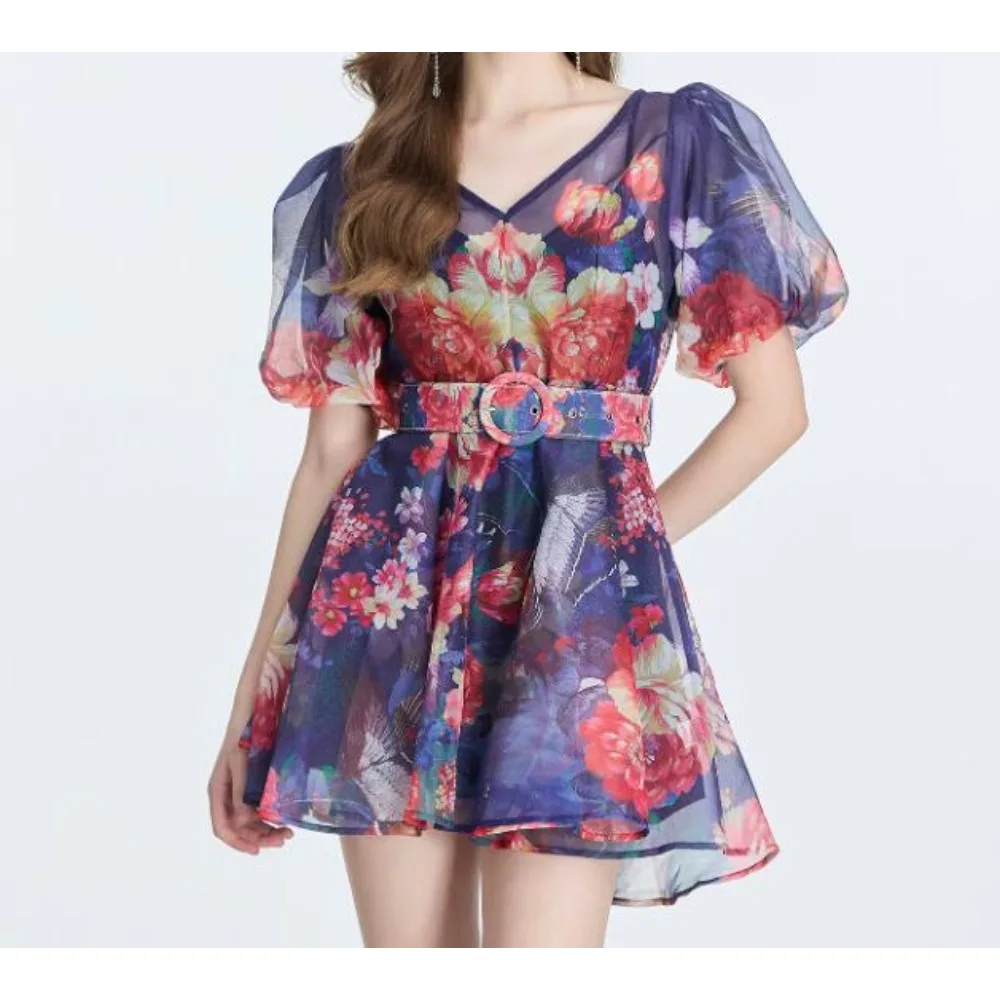 Retro  Print   Elegant v neck Chiffon puff sleeve Dress A-line Short Sleeve  Casual High Waist Women Summer dresses