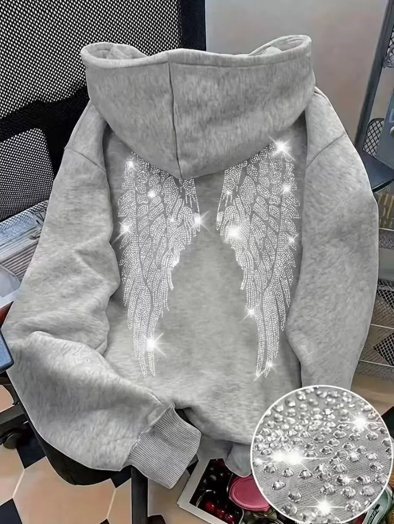 Leisure Spring and Autumn Sweater Wing Print and Hot Rhinestone Two Styles Women's Long-sleeved Pullover Hoodie