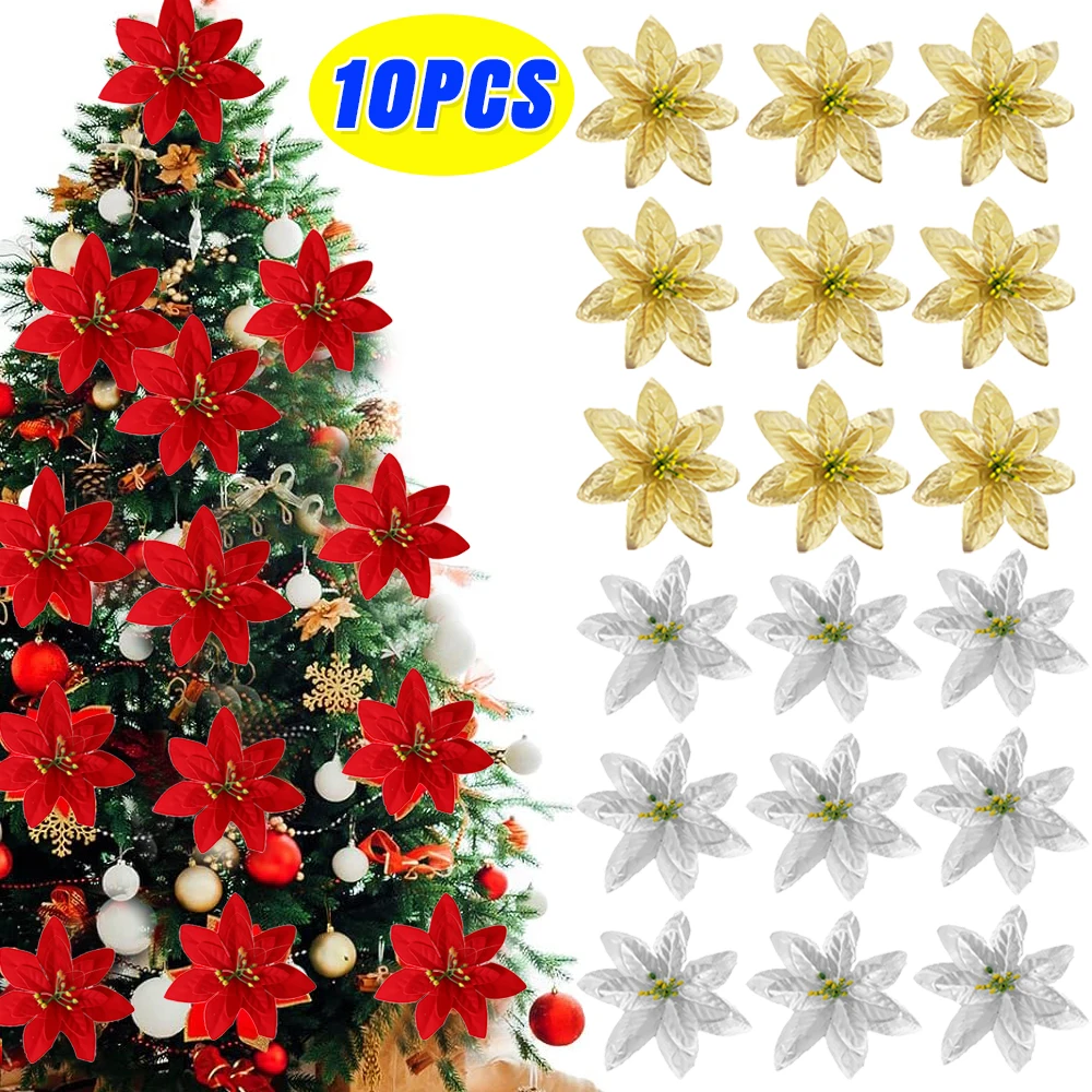 10/1 قطعة عيد الميلاد البونسيتة الزهور الاصطناعي الأحمر روز رؤساء زهرة شجرة عيد الميلاد الحلي للمنزل نافيداد السنة الجديدة الديكور #1