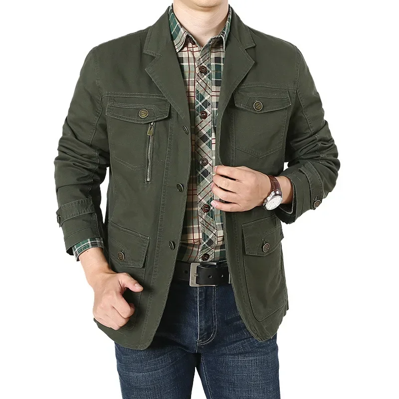 2022 Spring Fall Men Military Blazer Jacket Autumn Casual Cotton Washed Solid Coats Army Bomber Suit Jackets Denim Cargo Trench