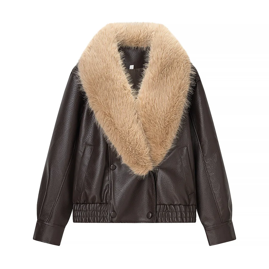 Winter Women Loose Faux Leather Jacket Fashion Removed Big Fur Collar Causal Coat High Street Double Breasted Outwear