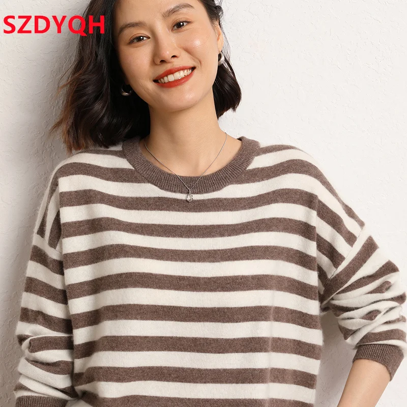 2023 Hot Sale Autumn Winter Women\'s 100% Cashmere Sweater O-Neck Striped Warm Pullover Female Loose Large Size Knitted Jumper