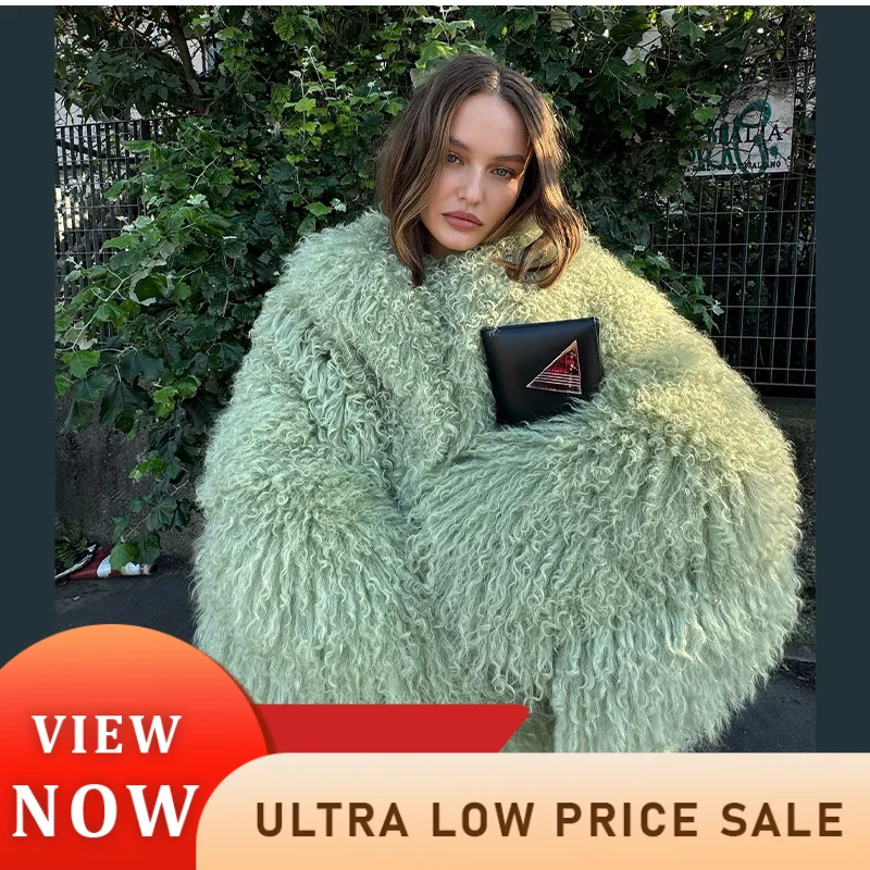 Green Fashion Oversized Plush Fur Coat For Women Elegant Soft Warm Long Sleeves Loose Jackets Winter Lady Chic 2024 Streetwear ﻿