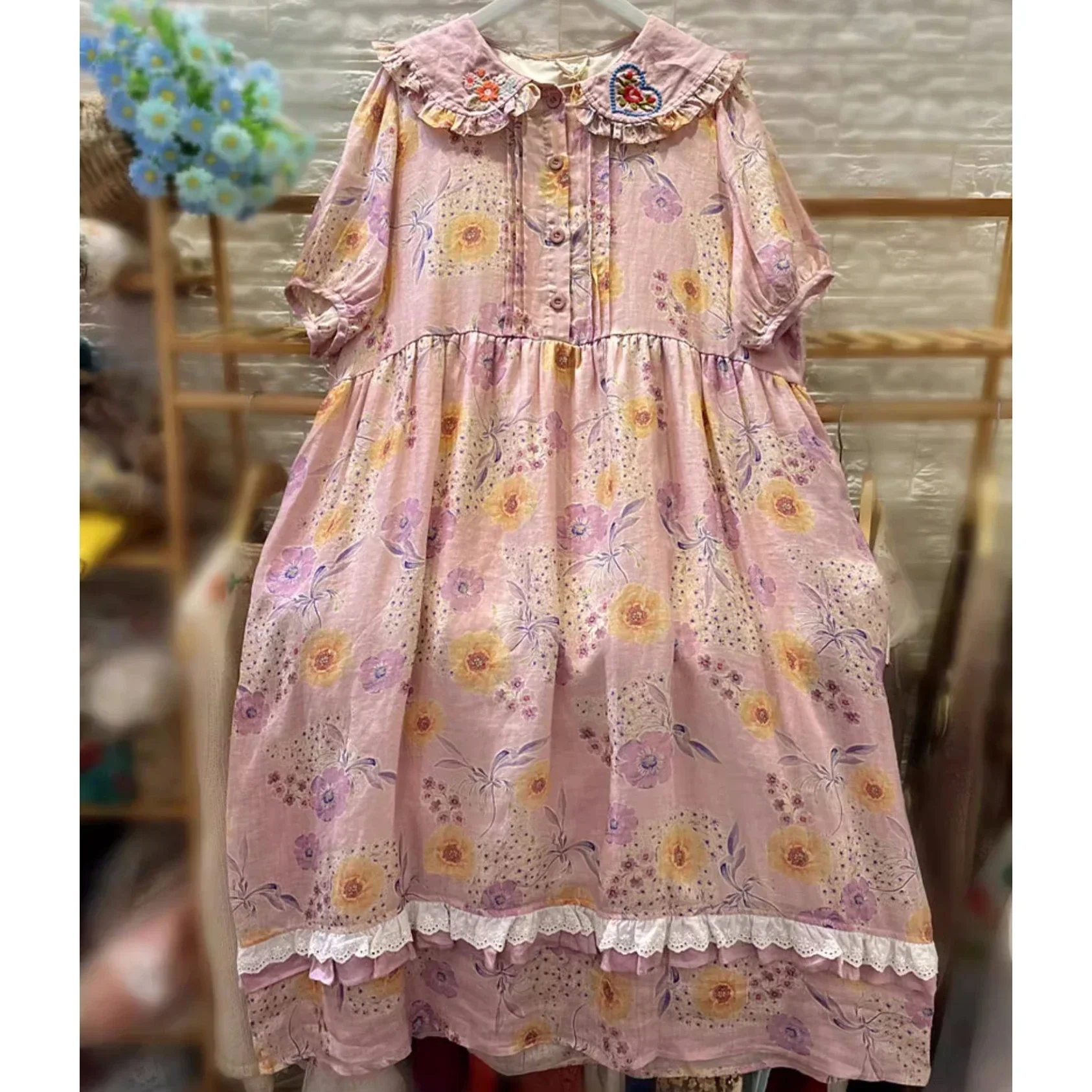 

Summer Linen Vintage Pleated Floral Embroidery Long Dress for Women Retro Cottage Core Victorian Lace Evening Tunic Midi Dress
