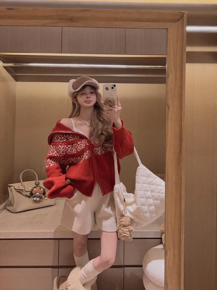 

Yukiss Vintage Fair Isle Knitted Cardigan Sweater Tee-Way Ne Flip Loose Fit Winter Women's Online Exclusive Zipper Closure