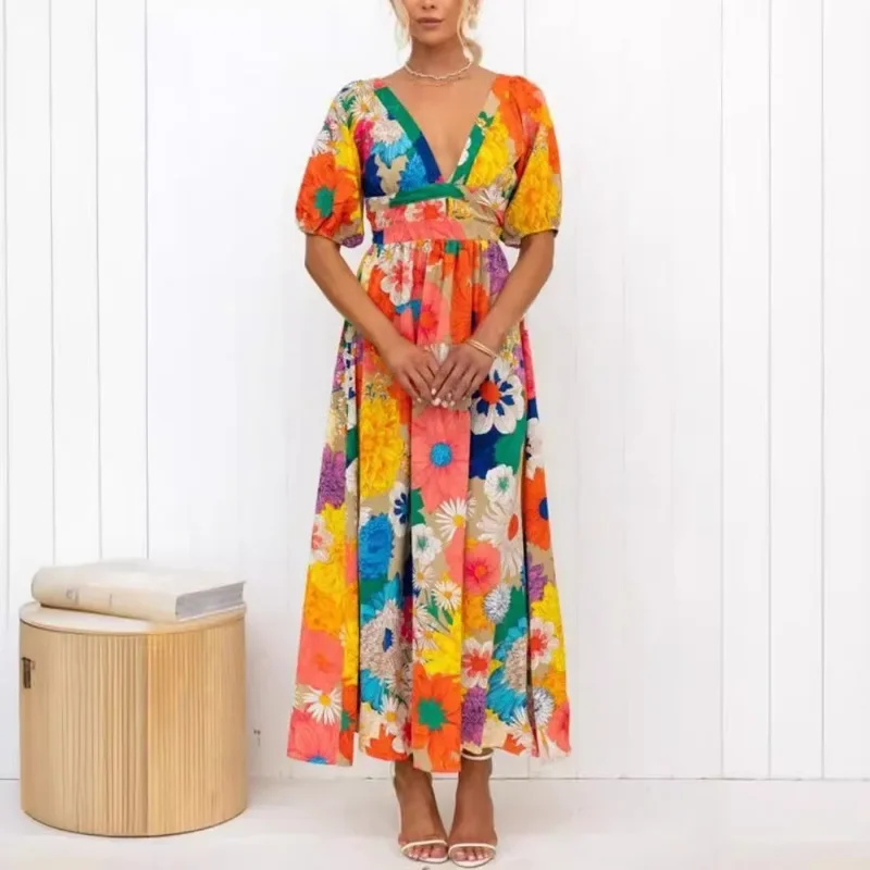 

2025 Summer New Women's Fashion V-neck French Printed Bubble Sleeve Long Dress for Leisure Vacation in Europe and America