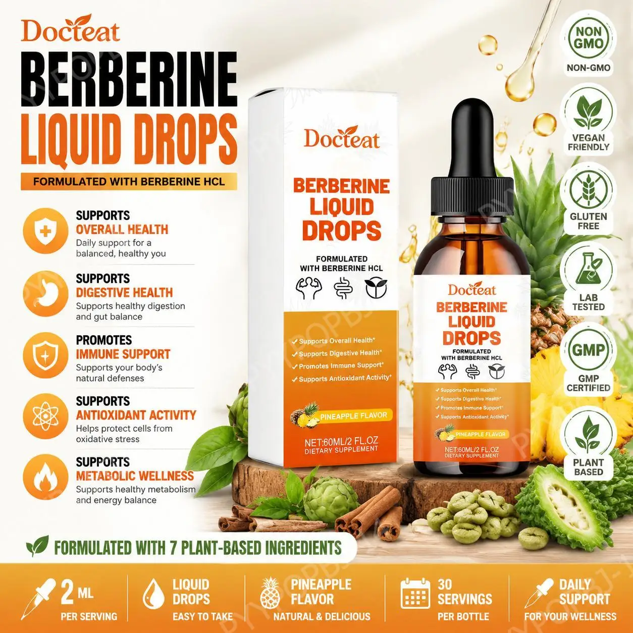 Docteat Berberine HCl Liquid Drops Supports Digestive Health with Ceylon Cinnamon and Green Coffee Bean Pineapple Flavor 60 Ml