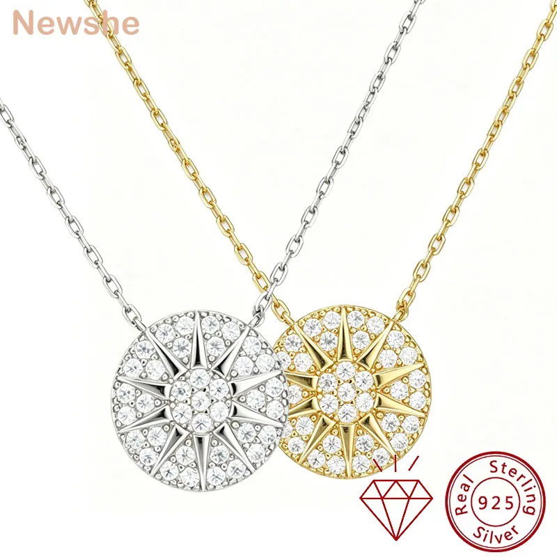 Newshe Solid 925 Sterling Silver Moissanite Sunburst Pendant Necklace 14K Gold Plated Dainty Chain for Women Jewelry Gift