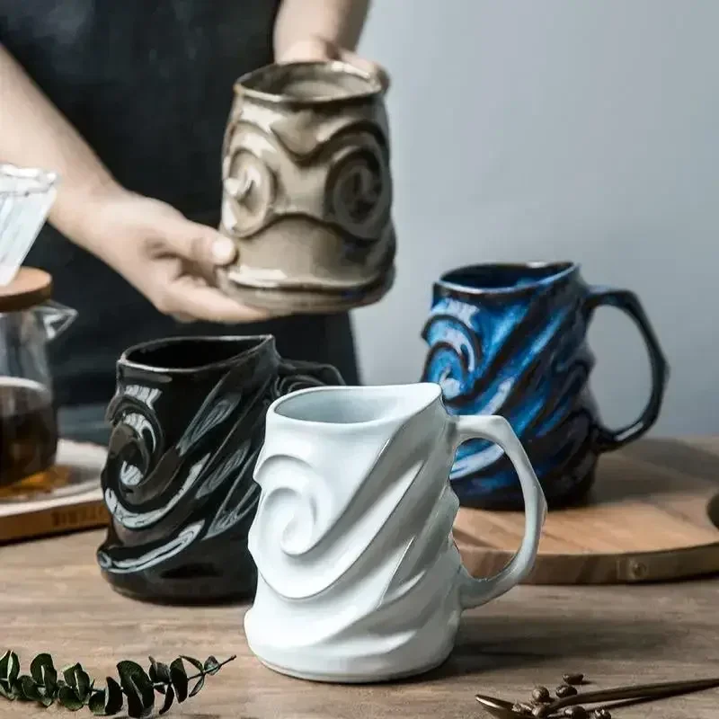 

500ml large capacity water cup abstract face relief milk mug creative fashion ceramic coffee cup retro home decoration Ornaments