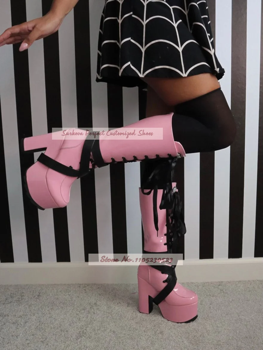 Pink Patent Leather Gothic Knee High Boots Chunky Heel High Platform Ribband Lace-Up Tall Boots Cosplay Dress Shoes Real Photo