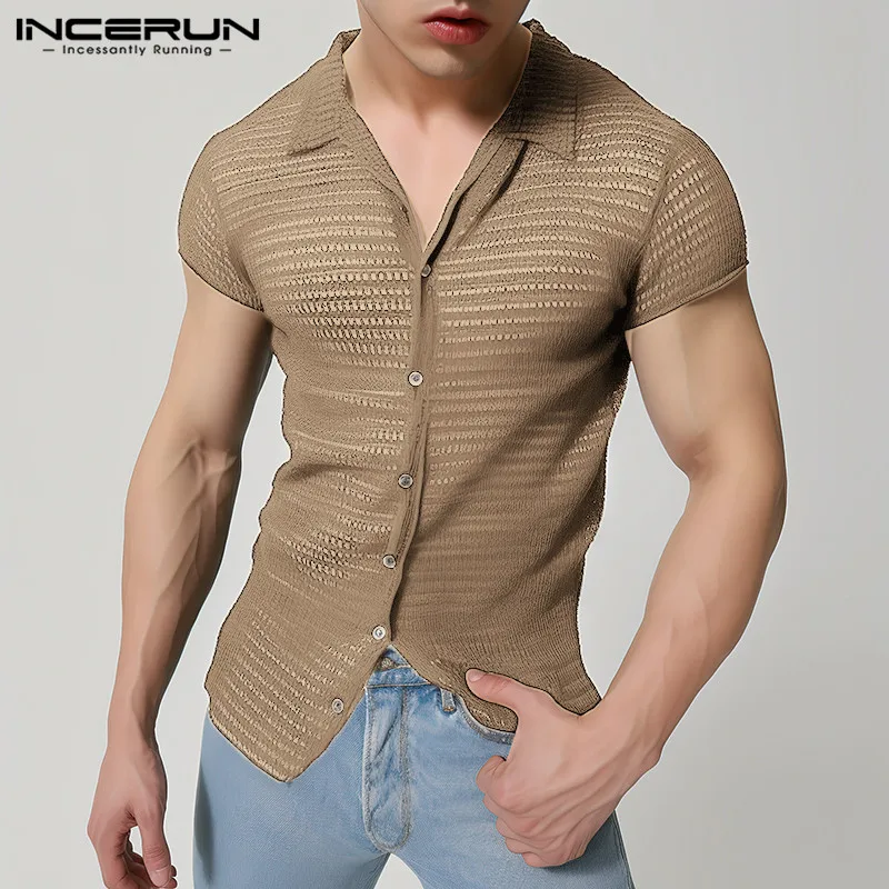 INCERUN Men Shirts 2024 Lapel Short Sleeve Mesh Transparent Hollow Out Men Clothing Streetwear Solid Color Fashion Camisas S-5XL