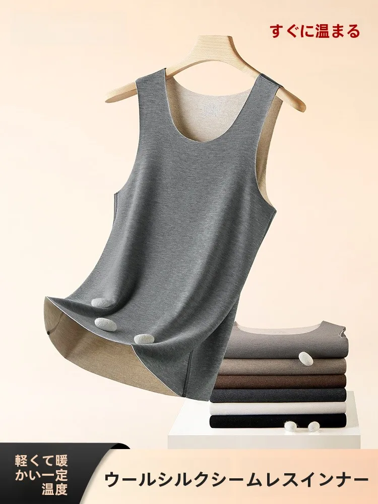 メンズウールシルク厚手保温ベスト-冬用フリース裏地-ノータグ-ベルベット加熱跡防止-防寒-スリムフィット-ベースレイヤー-ストラップ付き
