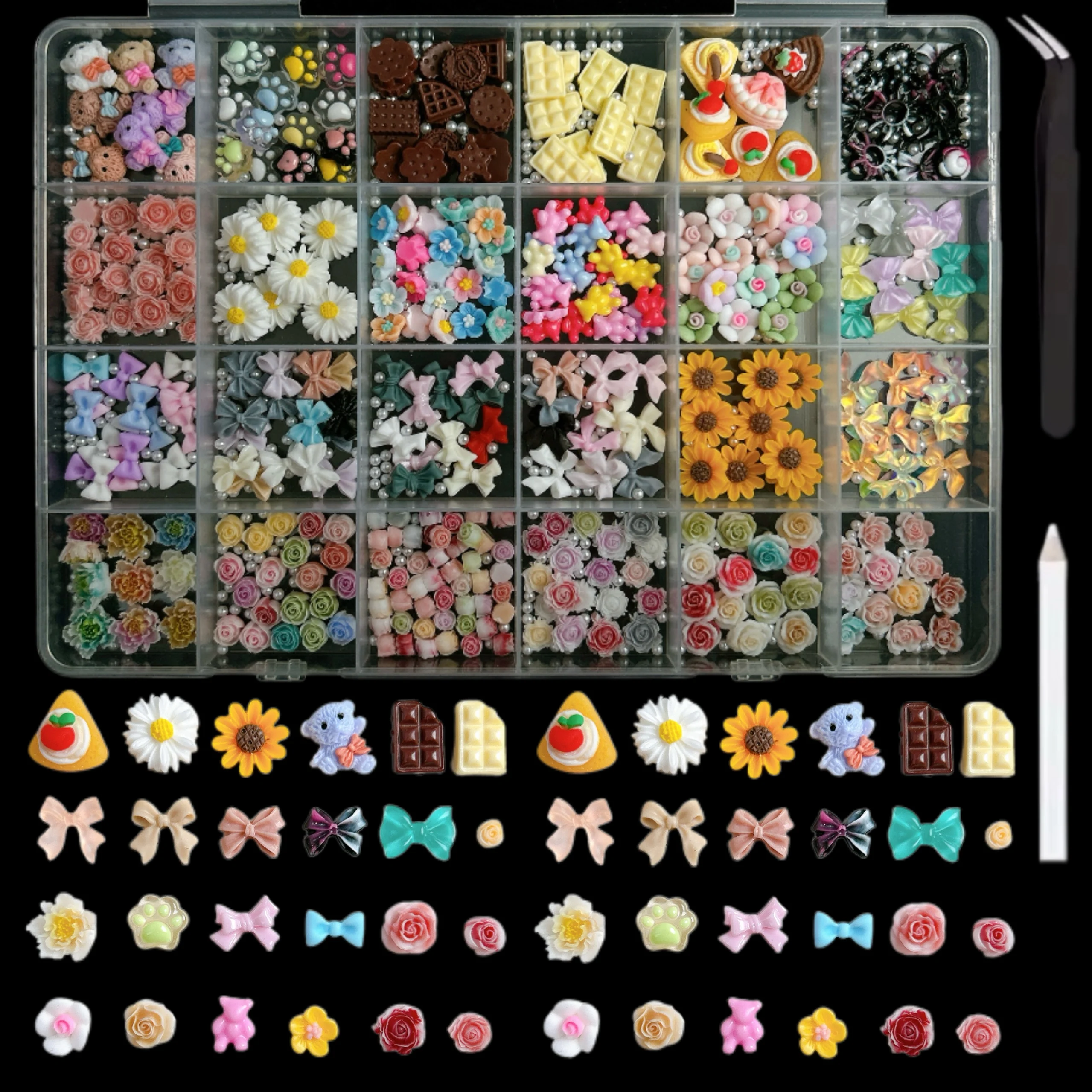 1Box Minimalist Ribbon Bow Tie Resin Nail Art Decorations 3D Colorful Flowers Simulated Sunflower Cake Nail Charms DIY Nail Sets