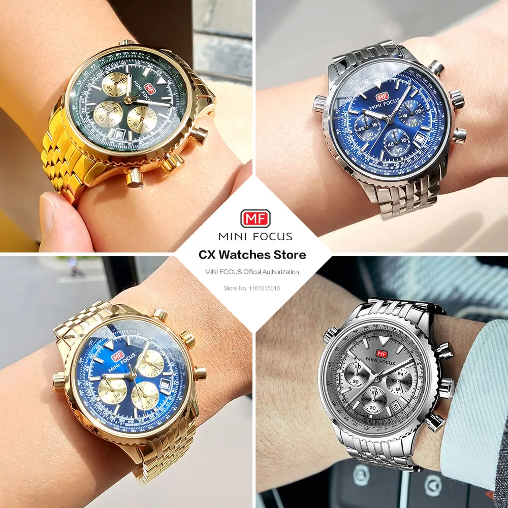 MINI FOCUS Silver Blue Quartz Watch for Men Waterproof 24-hour Chronograph Wristwatch with Auto Date Stainless Steel Strap 0463