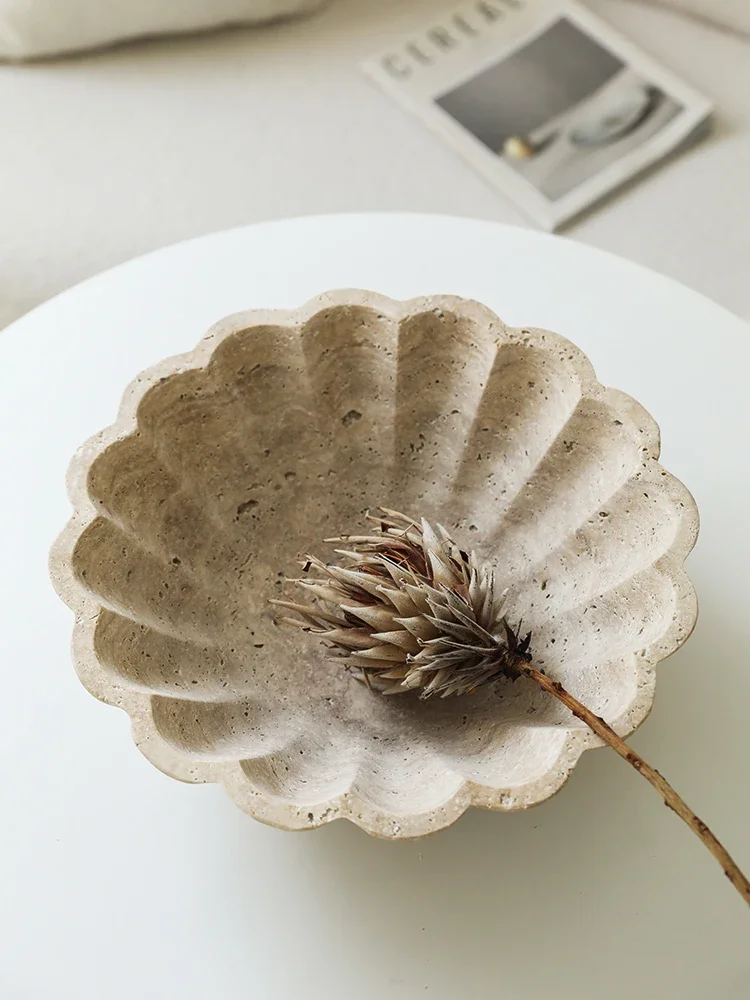 【Natural】Large Travertine Serving Tray Decorative Ruffle Marble Fruit Bowl for Kitchen Counter and Living Room