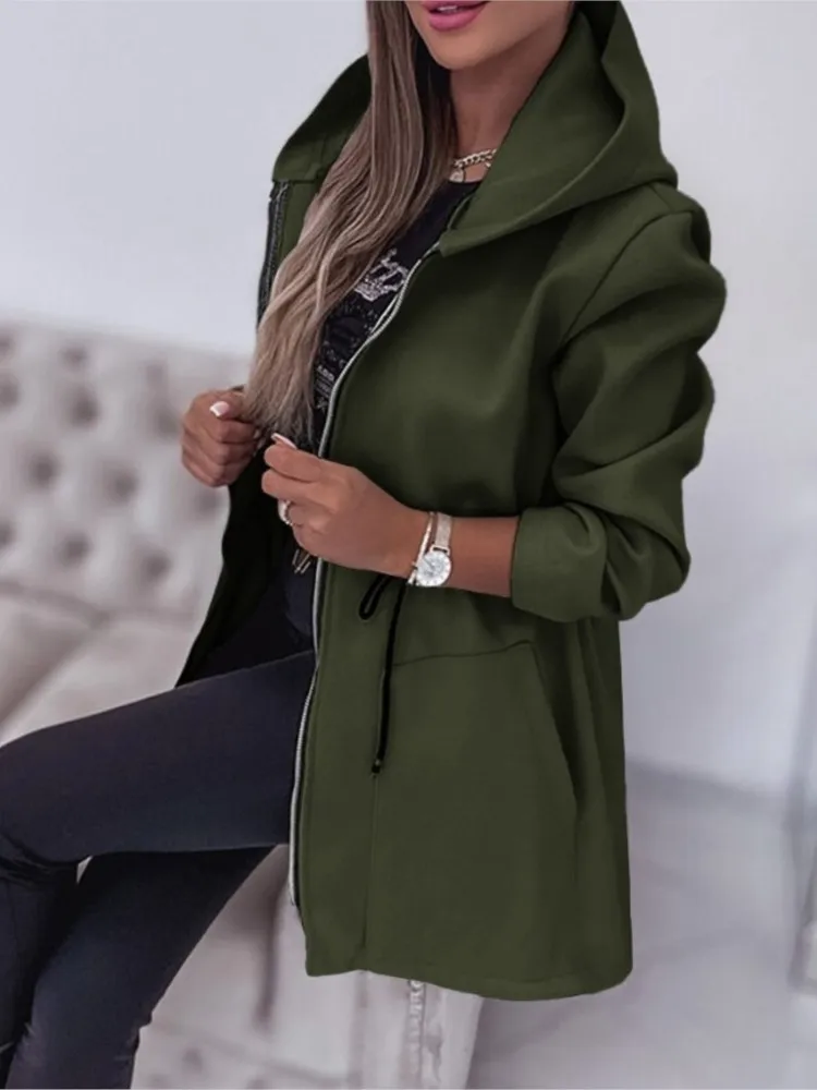 Women Casual Solid Hooded Zipper Jacket Coats Autumn Winter Full Sleeved Thick Jackets Tight Waist Spliced Length Pockets Coat