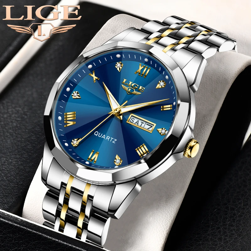 

LIGE Luxury Fashion Quartz Watches Business Waterproof Luminous Stainless Steel Band Watch for Men Week Display Man Reloj Hombre