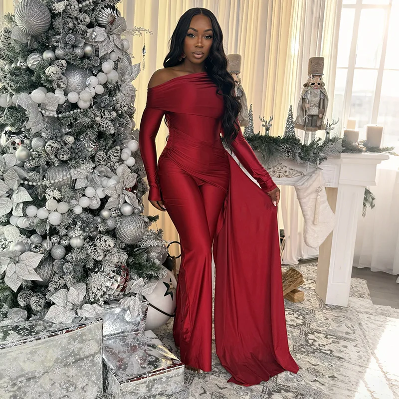 

Fashionable Pure Color Long Sleeve Sexy One Shoulder Jumpsuit Tight Fit Suit Straight Cut Winter New Arrival China