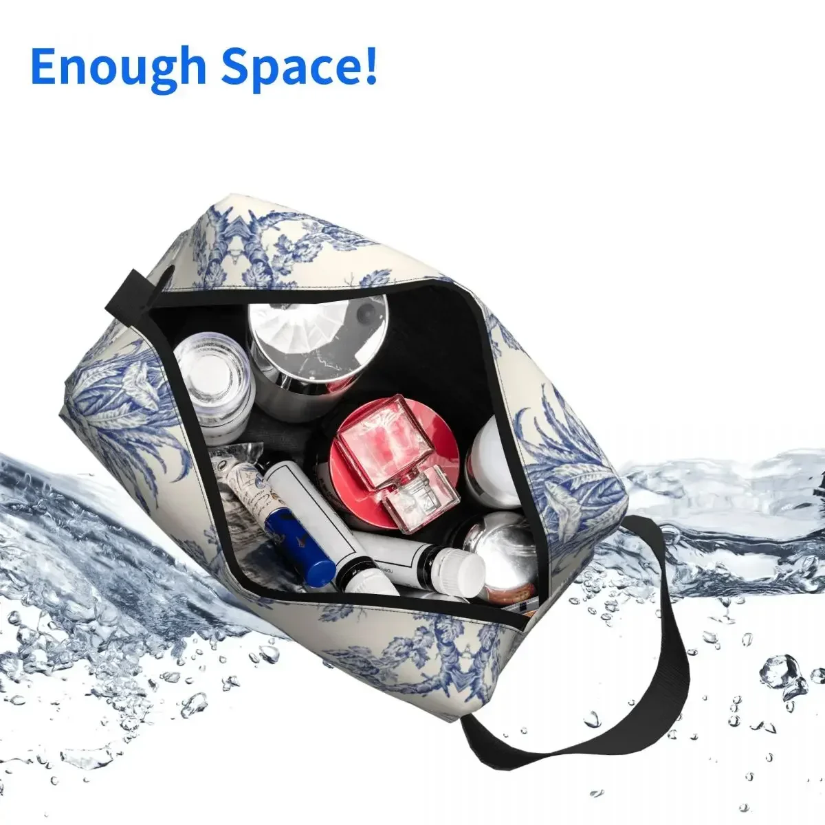 Classic French Toile De Jouy Navy Blue Motif Pattern Toiletry Bag Kawaii Cosmetic Makeup Organizer Beauty Travel Storage Bag
