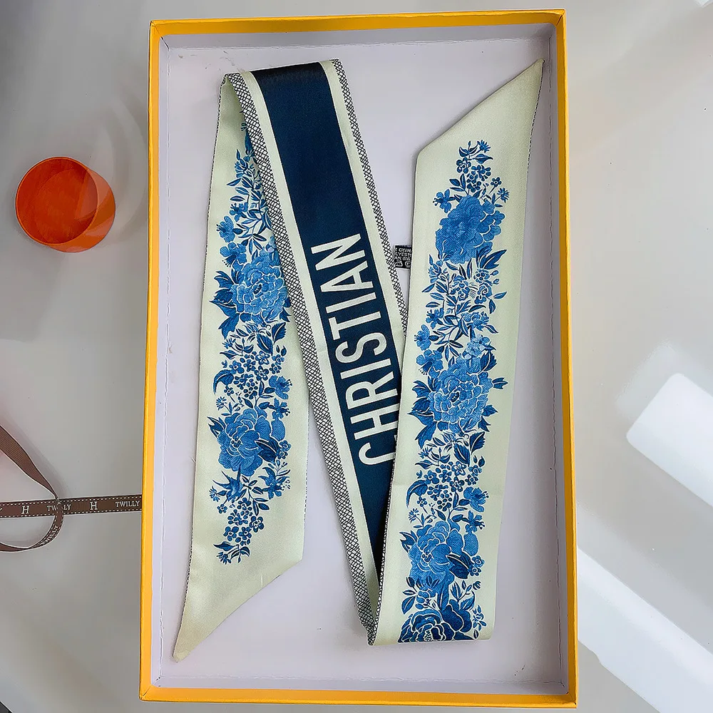 Bufanda pequeña con estampado de flores y Tarot francés para mujer, decoración de doble cara, elegante, con correa de encuadernación, cinta de regalo, bufanda de seda