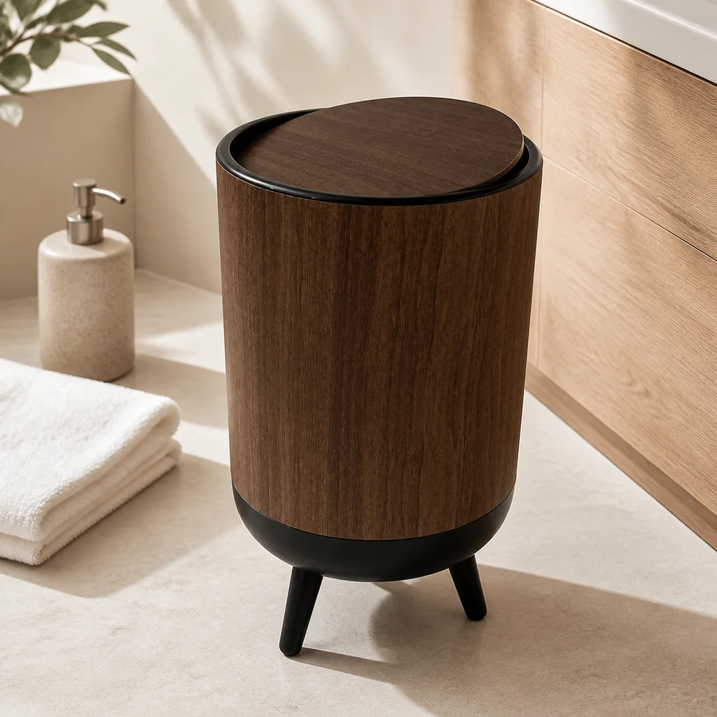 Elevated Round Swing-Top Lidded Trash Bin, Wood Grain Decor Waste Bin for Bathroom Living Room