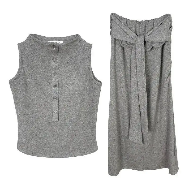 Korea Pure Desire Sexy Body-Flattering Feminine Waist-Exposing Sleeveless Top + Tie-Up Half Skirt Two-Piece Skirts GK5M