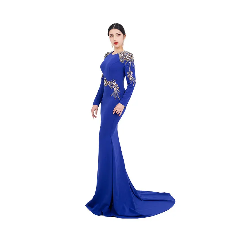 Royal Blue Evening Dress Cusom Made Elegant Handmade Beaded Round Neck New Party Show Slim Fit Buttocks Wrapped Formal FF28-1