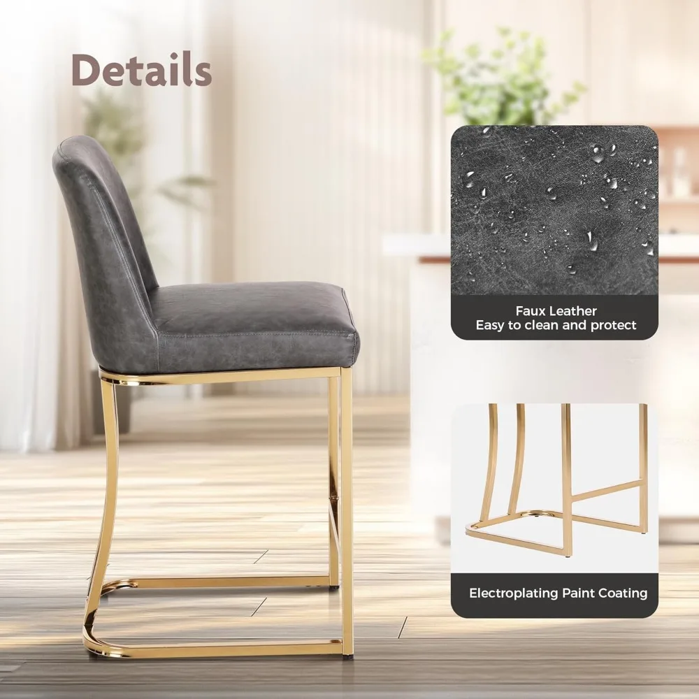 24" Retro Bar Stool, Modern PU Leather Chair with Golden Frame & Backrest for Coffee Shop, Kitchen & Dining