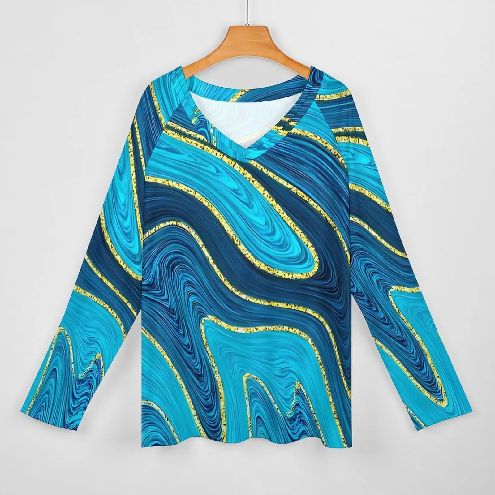 Blue And Gold Marble Swirls Art T Shirts  Y2K T Shirt Ladies Long Sleeve Casual Loose Tops Oversize V Neck Graphic Top Tees