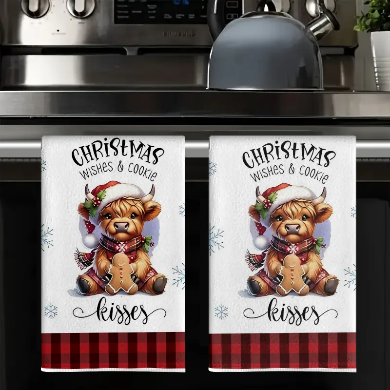2Pcs, Christmas Gingerbread Man Highland Cow Kitchen Towel, 40Cm*60Cm Towel Set, Super Absorbent Soft Cleaning Cloth, Cooking and Baking Tea Towel, Hand Towel, Cleaning Cloth, Dishcloth, Kitchen Decoration, Living Room Decorations, Kitchen Essentials, Home Essentials