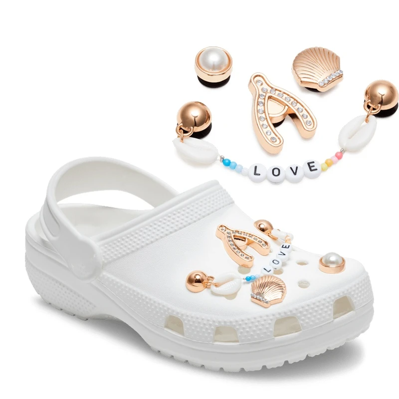 Metal Shoe Charms - Festival Elevated 5-Pack with Pearl, Shell, and Button Designs, Fashion Decorations for Cross Shoes