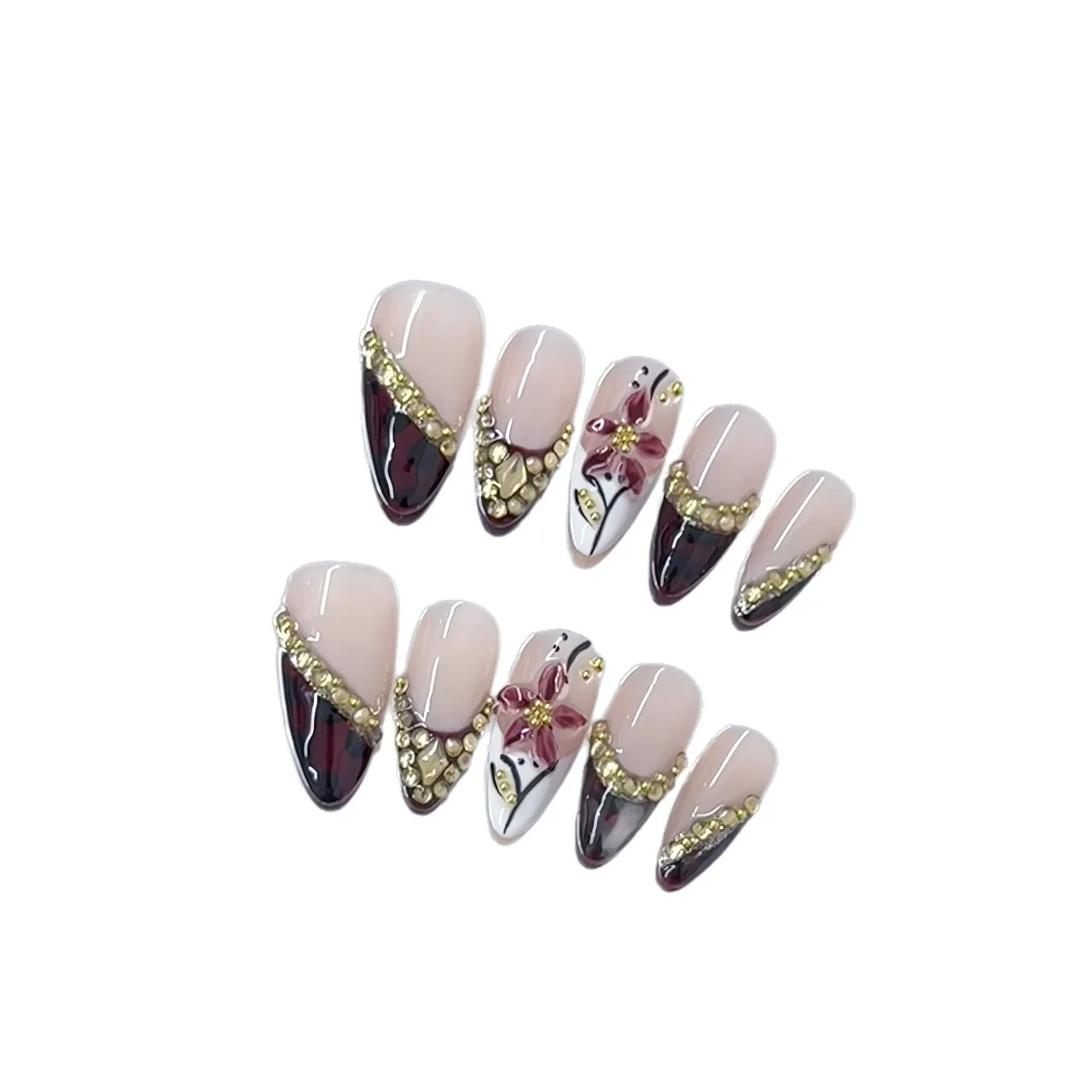 10 pièces à la main amande presse sur ongles imprimé léopard français strass 3D sculpture fleur conception douce Cool faux ongles portable ongles