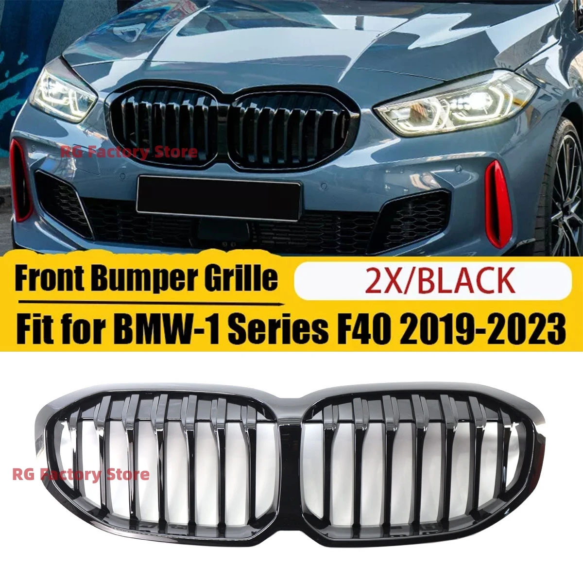 Calandre de course de rein de pare-chocs avant noir brillant pour BMW F40 série 1 2019-2023 couverture de gril de Sport à lattes simples