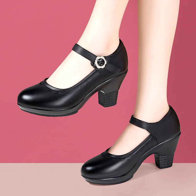 5.5cm 7cm Shallow Mouth Women\'s Soft Leather Mary Janes Platform Shoes 2026 Spring Med Block Heels Shoes for Office Dance Mom