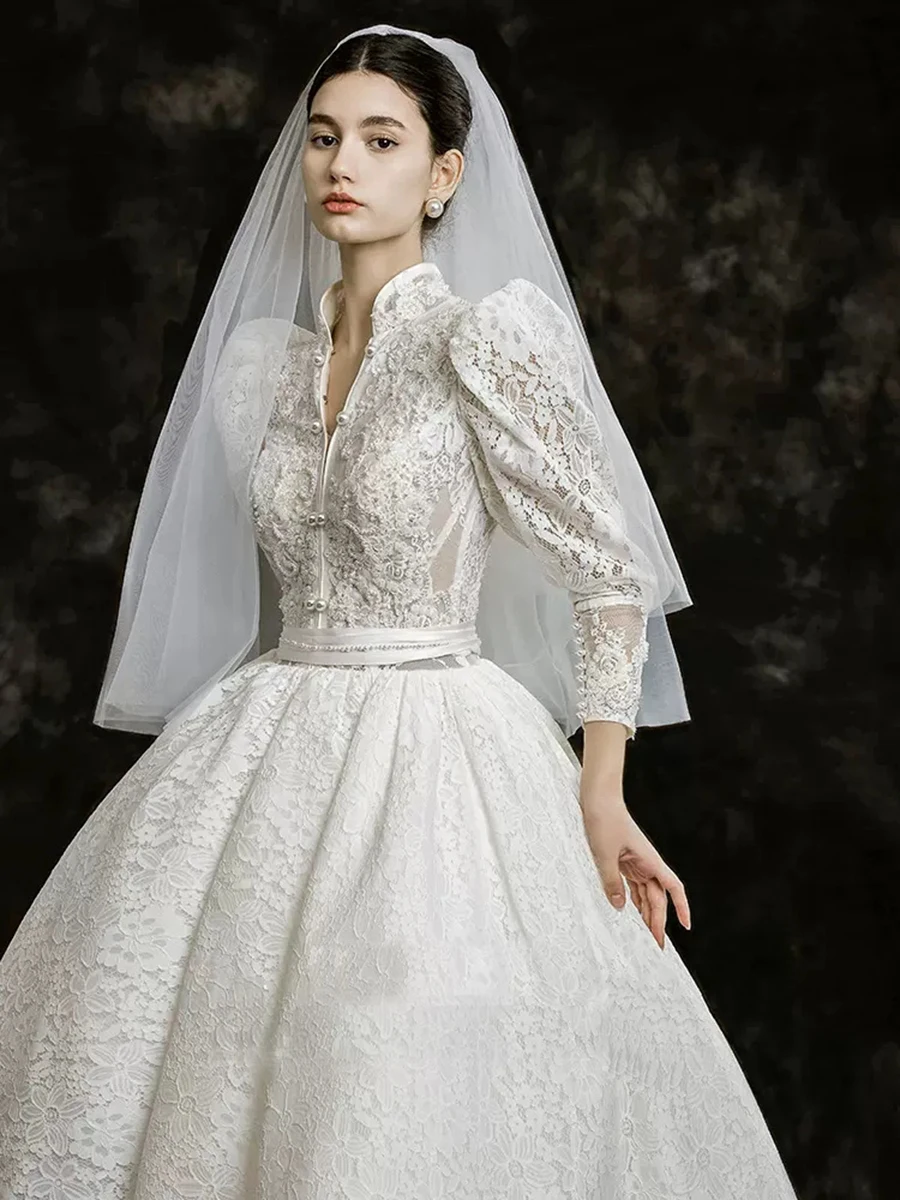 Customized Wedding Gown A-line Elegant Lace High Long Sleeve Bride Dresses Romantic  Dress Vintage Mid-Calf Свадебное платье 