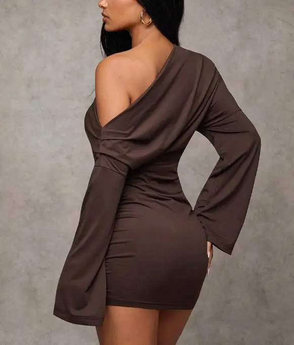 

Womens Dresses Autumn Winter 2025 Unique Temperament Dress, Solid Color Sexy Off Shoulder Long Sleeved Hip Hugging Short Skirt
