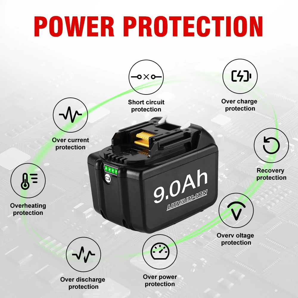 Rechargeable 18V 9.0Ah Lithium Battery With Display 9000mAh High Capacity Portable Chainsaw Battery For Makita Power Tools