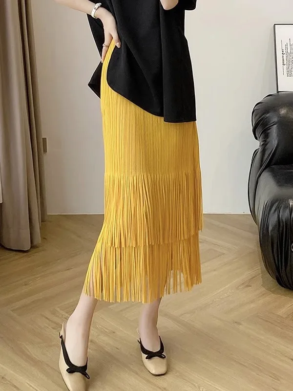 

Folded Hem Midi Skirt Tassel Straight Cut Spring Summer Three Houses Style Pleated Versatile Basic Fashionable Women's Skirt
