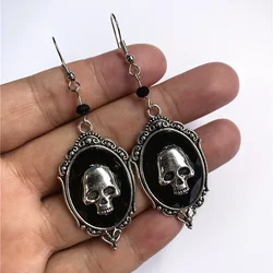 Oval Shape With Skull Pattern Black Dangle Earrings Hip Hop Style Alloy Jewelry Halloween Accessories