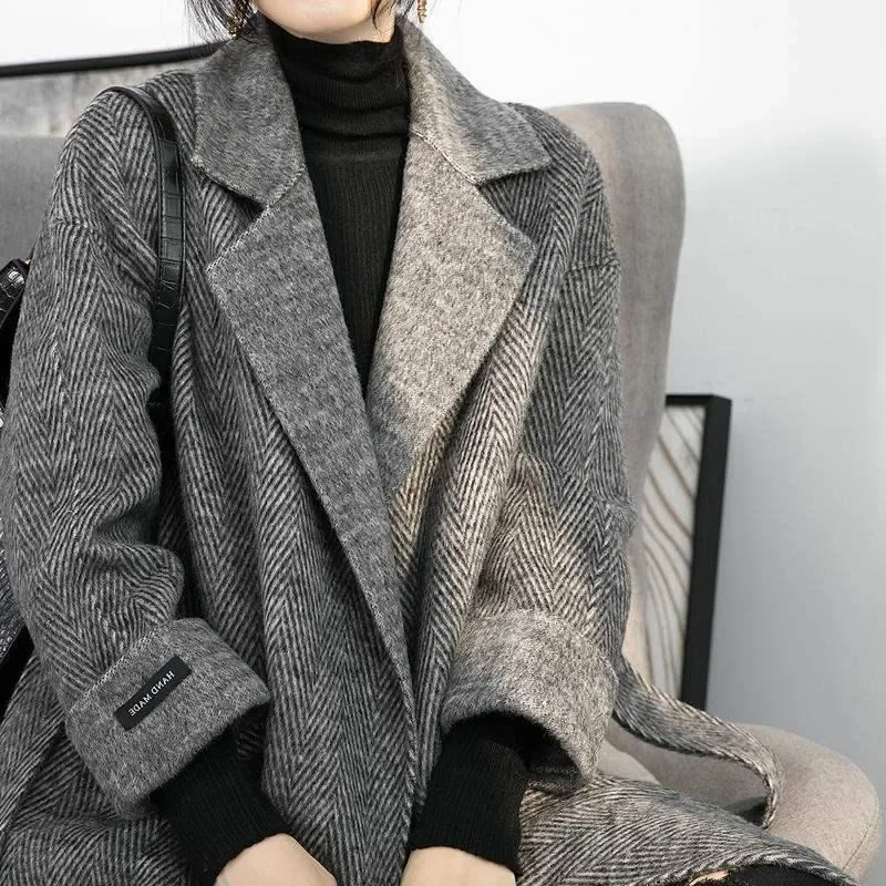 Herringbone High-end Sense Super Good-looking Double-sided Woolen Coat Medium and Long Thickened Retro Overcoat Women's Clothing